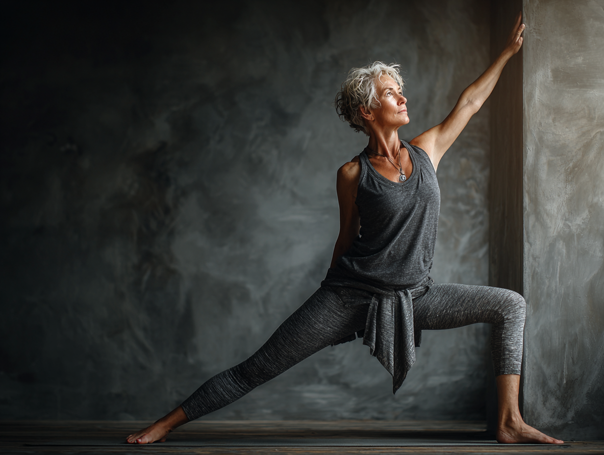 Grup de seniori practicând yoga în aer liber