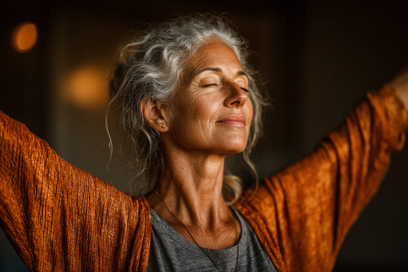 Doi seniori practicând yoga împreună